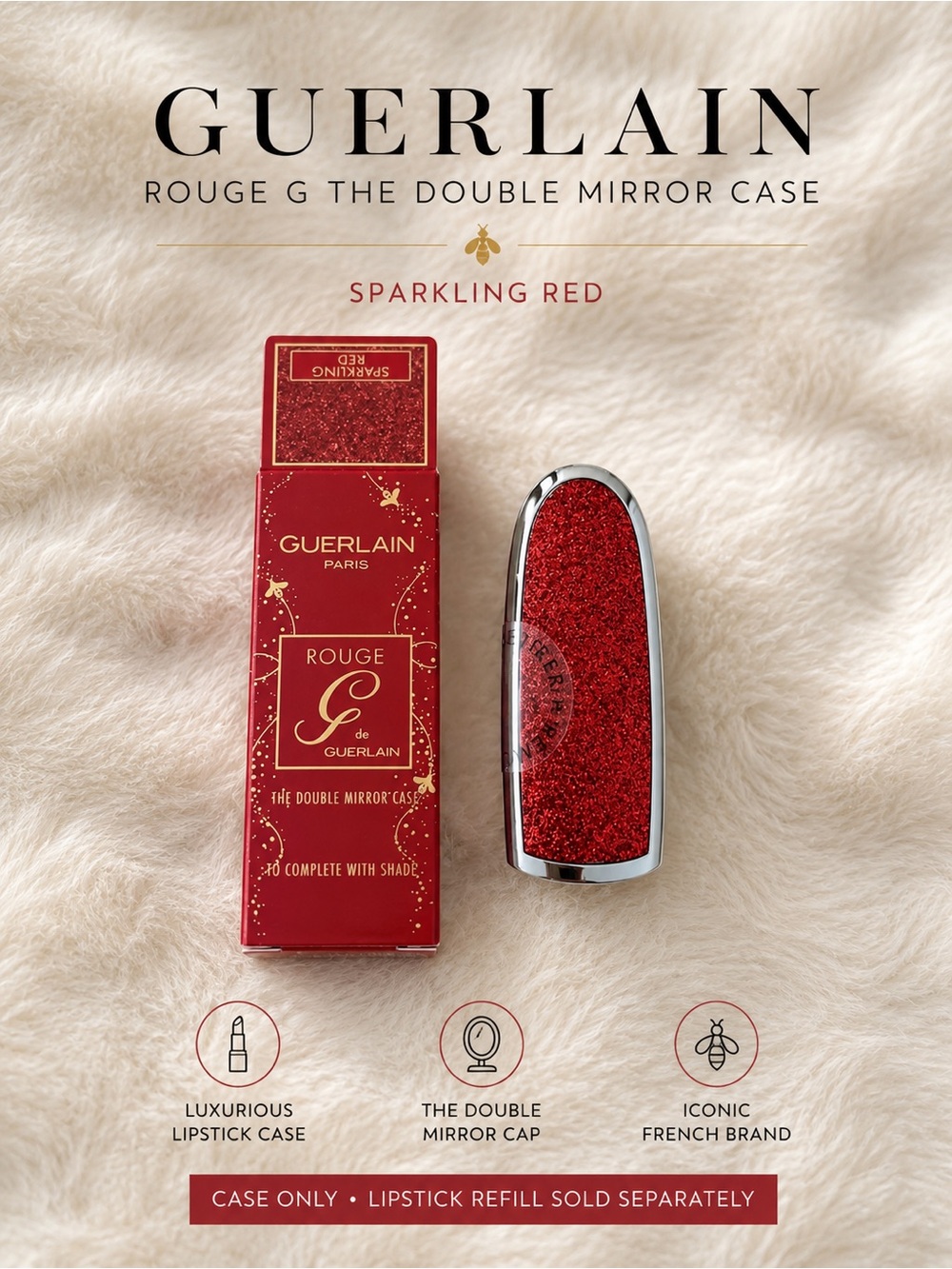GUERLAIN Sparkling Red Rouge G Double Mirror Case with Silver Trim- Case Only